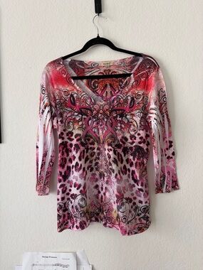 One World Live Endless Live Pink Leopard Baroque Rhinestone Long Sleeve Top L